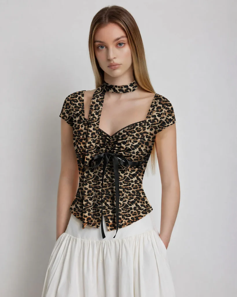 Leopard Print Sweetheart Neck Top with Scarf