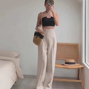 Corset Waist Pleated Pants – Beige