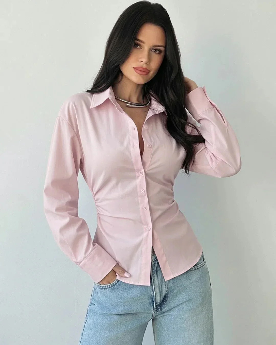 Collared V-Neck Slim Fit Striped Full Sleeve Shirt in Pink