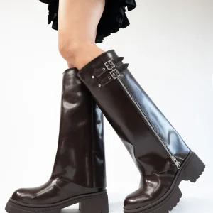 Brown Knee High Boots with Chunky Low Heel