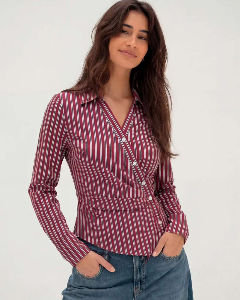 Red Stripe Asymmetric Hem Shirt